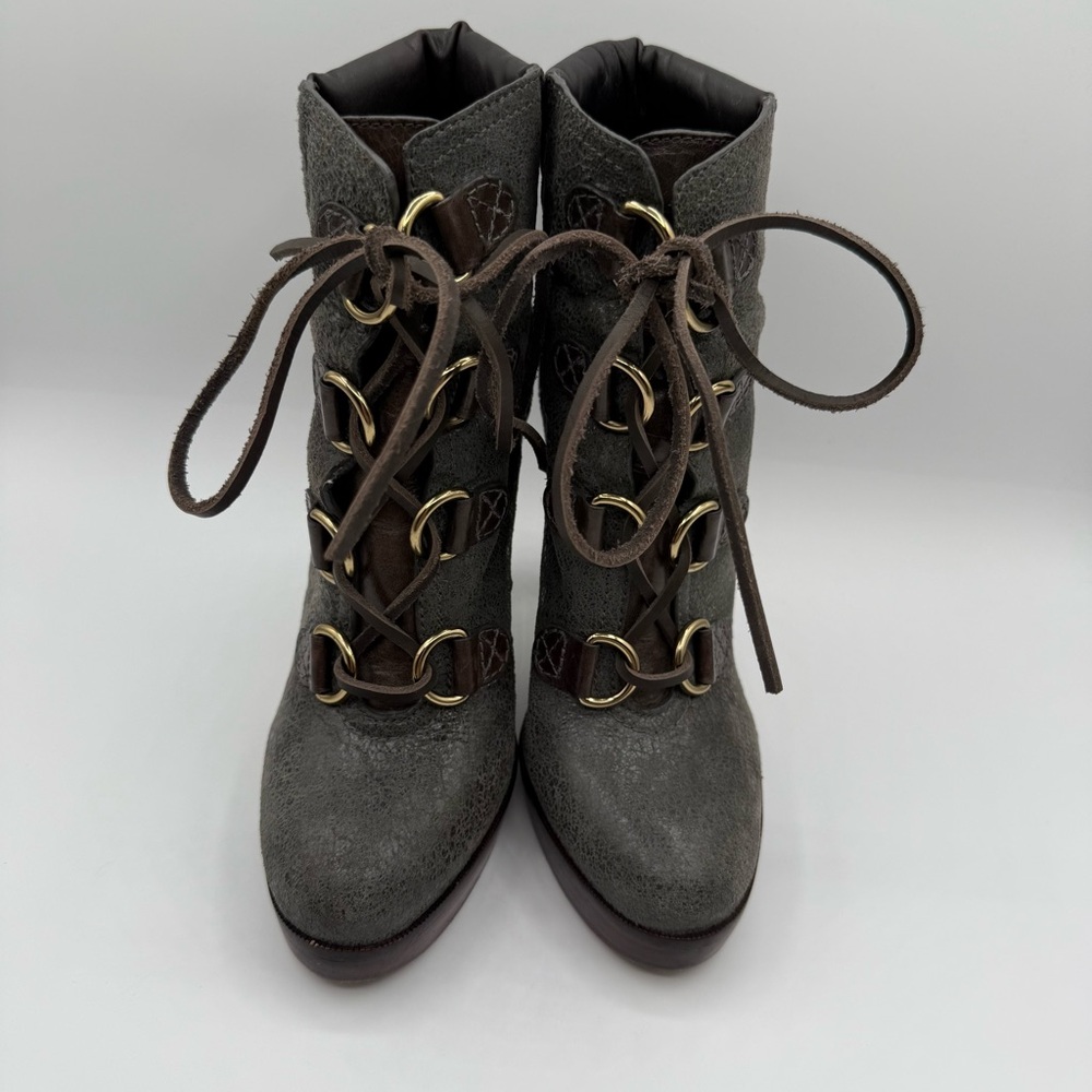 Tory Burch Lawson Bootie Pewter Brown Leather Platform Stiletto Ankle Boots 8.5 - Picture 5 of 17